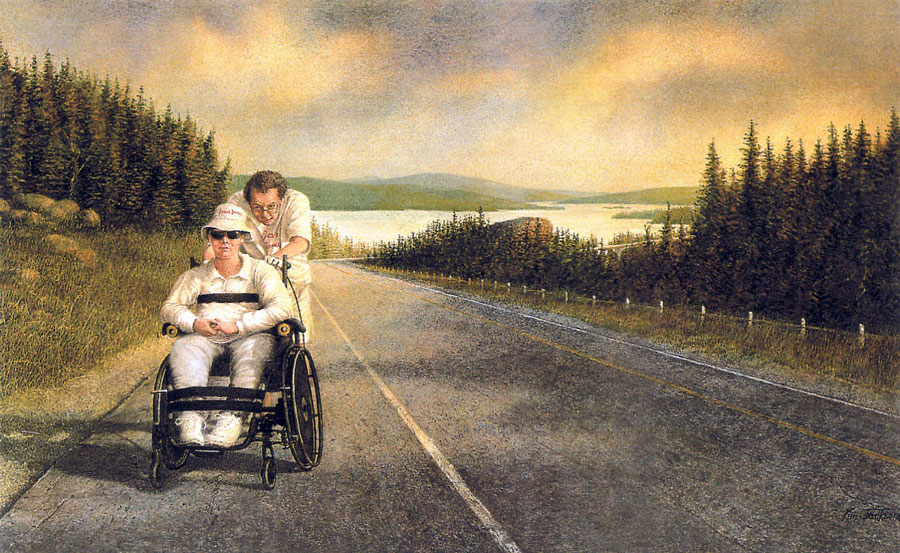 The long winding Road. John and Jesse in Northern Ontario are captured in this painting by Canadian artist Ken Jackson.